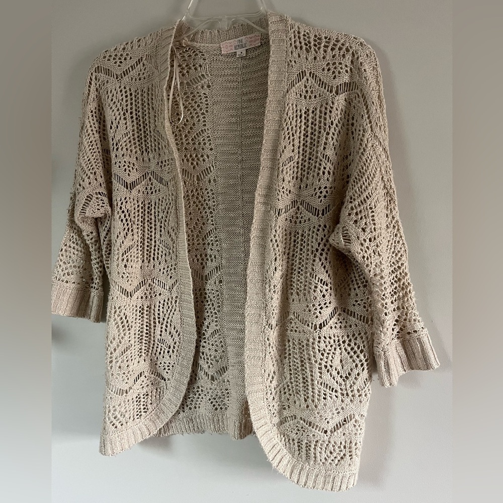 Pink Republic Cream Cardigan crochet Sweater 3/4 Sleeves Latte RN 120951 S Small